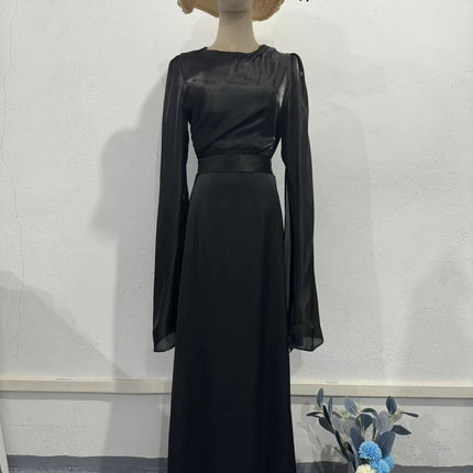 Elegant Summer Sleeve Contrast Chiffon & Satin Maxi Dress With Flared Cuffs - Slim Fit Long Dress For Women