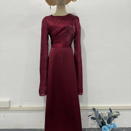 Elegant Summer Sleeve Contrast Chiffon & Satin Maxi Dress With Flared Cuffs - Slim Fit Long Dress For Women