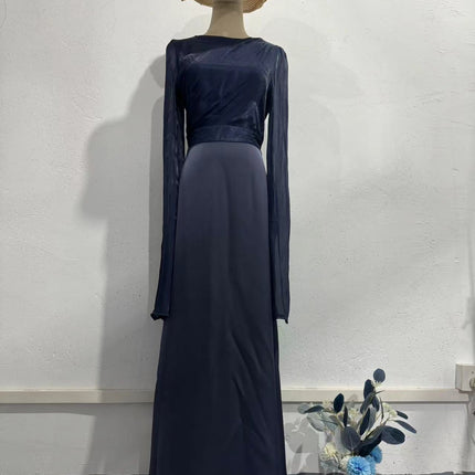 Elegant Summer Sleeve Contrast Chiffon & Satin Maxi Dress With Flared Cuffs - Slim Fit Long Dress For Women