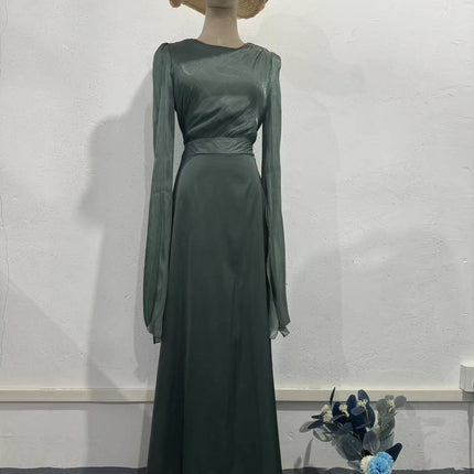 Elegant Summer Sleeve Contrast Chiffon & Satin Maxi Dress With Flared Cuffs - Slim Fit Long Dress For Women