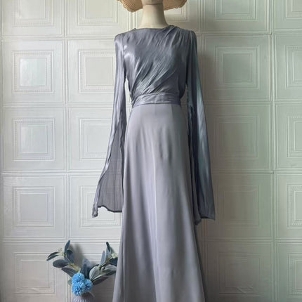 Elegant Summer Sleeve Contrast Chiffon & Satin Maxi Dress With Flared Cuffs - Slim Fit Long Dress For Women