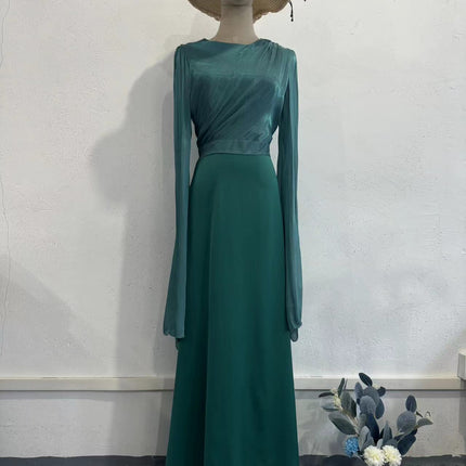 Elegant Summer Sleeve Contrast Chiffon & Satin Maxi Dress With Flared Cuffs - Slim Fit Long Dress For Women