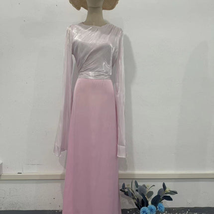 Elegant Summer Sleeve Contrast Chiffon & Satin Maxi Dress With Flared Cuffs - Slim Fit Long Dress For Women