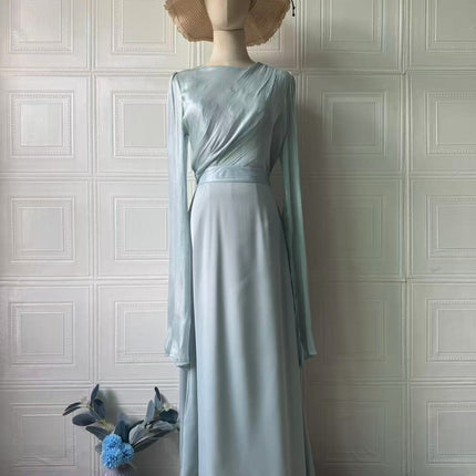Elegant Summer Sleeve Contrast Chiffon & Satin Maxi Dress With Flared Cuffs - Slim Fit Long Dress For Women