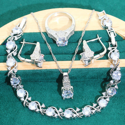 Bridal Zircon Chain Necklace Bracelet Earrings Four-piece Ring Set Pack Wedding Dress Accessories