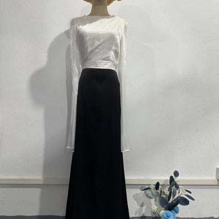 Elegant Summer Sleeve Contrast Chiffon & Satin Maxi Dress With Flared Cuffs - Slim Fit Long Dress For Women