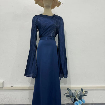 Elegant Summer Sleeve Contrast Chiffon & Satin Maxi Dress With Flared Cuffs - Slim Fit Long Dress For Women