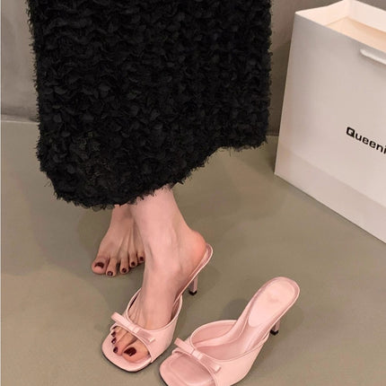 Square Head Fairy Bow High Heel Slippers Ankle-strap Stilettos
