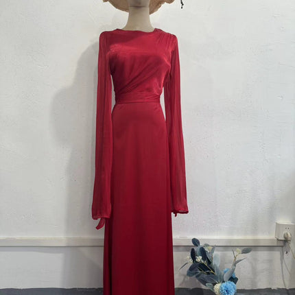 Elegant Summer Sleeve Contrast Chiffon & Satin Maxi Dress With Flared Cuffs - Slim Fit Long Dress For Women