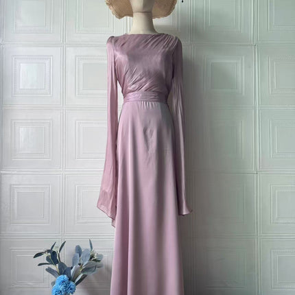 Elegant Summer Sleeve Contrast Chiffon & Satin Maxi Dress With Flared Cuffs - Slim Fit Long Dress For Women