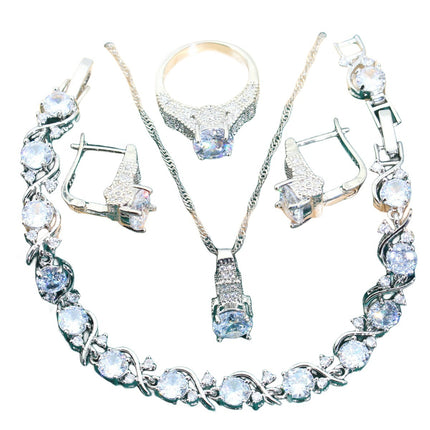 Bridal Zircon Chain Necklace Bracelet Earrings Four-piece Ring Set Pack Wedding Dress Accessories