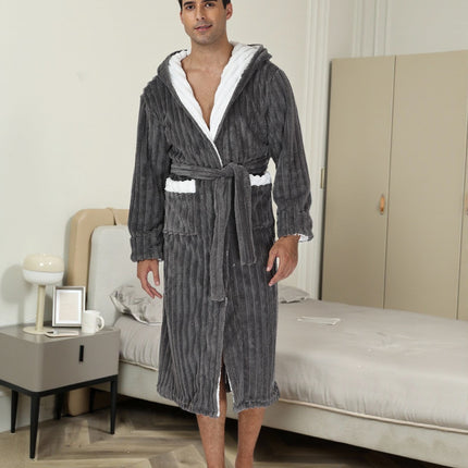 Thick Night-robe Flannel Men's Long Hooded Lace Bathrobe