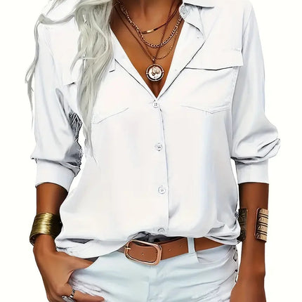 Women's Elegant Solid Chiffon Blouse Spring Summer Casual Long Sleeve V Neck Loose Shirt Office Lady Tunics Tops