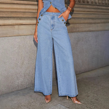 Denim Vest Suits Fashion Sleeveless Button Tops And Wide Leg Straight Pants With Pockets Women's Trousers Set