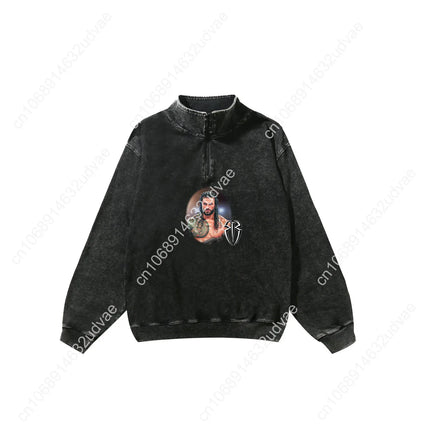 Roman Reigns Retro Sweatshirt Man Woman Teenager Vintage Pullover Half Zipper Sweat Shirt Photo Custom Made Tops Sleeved Tshirt