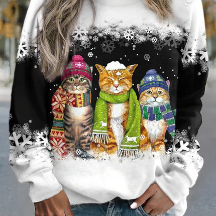 Cross-border Women's Christmas New Snowman And Cat Printed Long Sleeve Casual Loose-fitting T-shirt Christmas Supplies