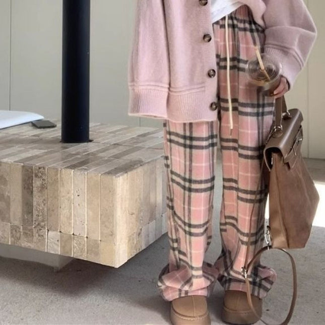Gentle Temperament Idle Style Plaid Wide-leg Trousers