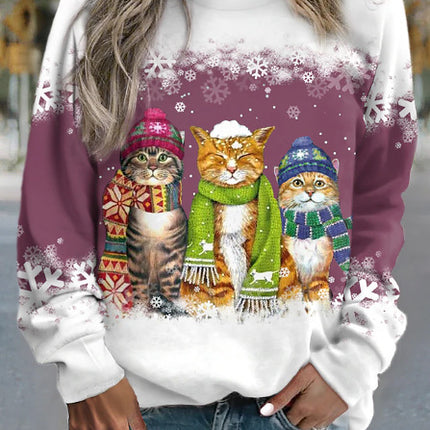Cross-border Women's Christmas New Snowman And Cat Printed Long Sleeve Casual Loose-fitting T-shirt Christmas Supplies