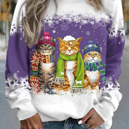 Cross-border Women's Christmas New Snowman And Cat Printed Long Sleeve Casual Loose-fitting T-shirt Christmas Supplies