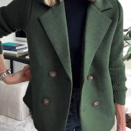 Double Breasted Lapel Jacket Fashion Knitted Sleeves Splicing Design Coat Outerwear Women's Clothing