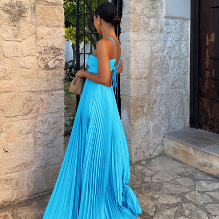 Ins Pleated Sleeveless Sling Dress Hollow High Waist Halter Robe Dresses For Evening Party Club Clothing Women