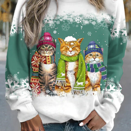 Cross-border Women's Christmas New Snowman And Cat Printed Long Sleeve Casual Loose-fitting T-shirt Christmas Supplies