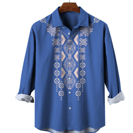 Fashion Print Long Sleeve Shirt Men Casual Loose Button Lapel Tops Seaside Cool Beach Shirt