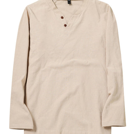 Cotton Linen Men's Long Sleeve V-neck Casual Beach Linen Shirt Fashion Leisure Men's Clothing Casual And Breathable Shirt