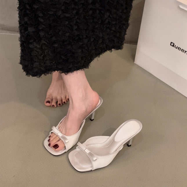Square Head Fairy Bow High Heel Slippers Ankle-strap Stilettos
