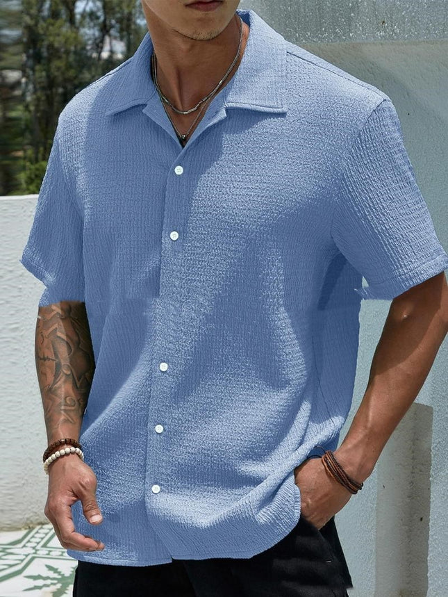 Men's Solid Color Short Sleeve Shirt Fashion Casual Button Lapel Tops Clothing