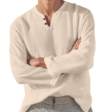 Cotton Linen Men's Long Sleeve V-neck Casual Beach Linen Shirt Fashion Leisure Men's Clothing Casual And Breathable Shirt