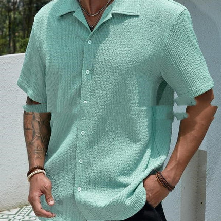 Men's Solid Color Short Sleeve Shirt Fashion Casual Button Lapel Tops Clothing