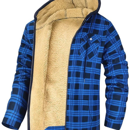 Men's Plaid Print Hooded Zip-Up Jacket Winter Thickened Cotton-padded Coat Warm Clothing