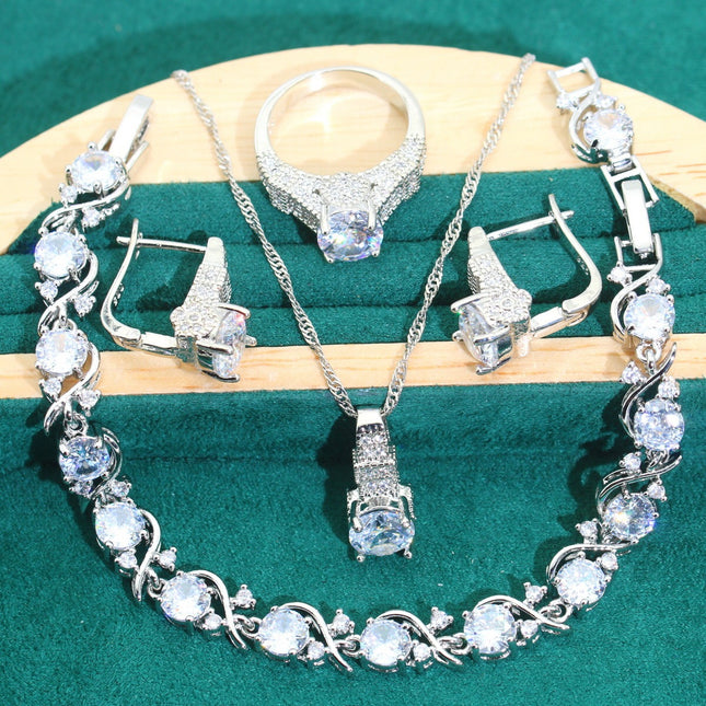 Bridal Zircon Chain Necklace Bracelet Earrings Four-piece Ring Set Pack Wedding Dress Accessories