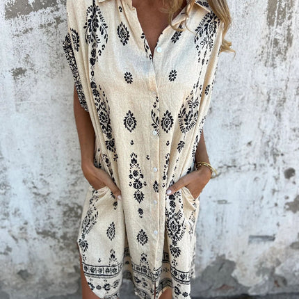 Loose Lapel Sleeveless Shirt Dress With Button Fashion Ethnic-style Printed Button Dresses For Beach