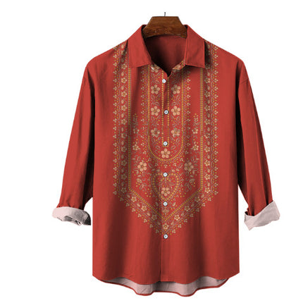 Fashion Print Long Sleeve Shirt Men Casual Loose Button Lapel Tops Seaside Cool Beach Shirt