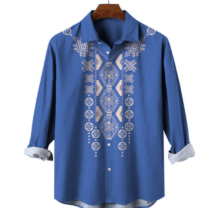 Fashion Print Long Sleeve Shirt Men Casual Loose Button Lapel Tops Seaside Cool Beach Shirt