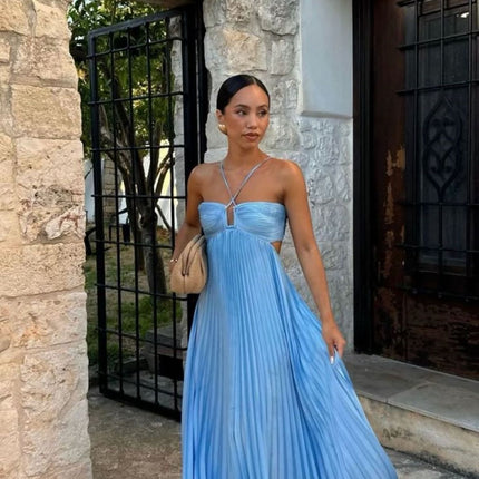 Ins Pleated Sleeveless Sling Dress Hollow High Waist Halter Robe Dresses For Evening Party Club Clothing Women