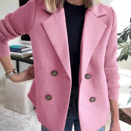 Double Breasted Lapel Jacket Fashion Knitted Sleeves Splicing Design Coat Outerwear Women's Clothing
