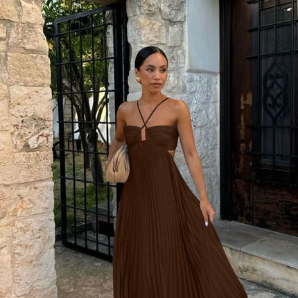 Ins Pleated Sleeveless Sling Dress Hollow High Waist Halter Robe Dresses For Evening Party Club Clothing Women