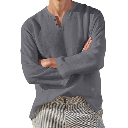 Cotton Linen Men's Long Sleeve V-neck Casual Beach Linen Shirt Fashion Leisure Men's Clothing Casual And Breathable Shirt