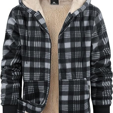 Men's Plaid Print Hooded Zip-Up Jacket Winter Thickened Cotton-padded Coat Warm Clothing
