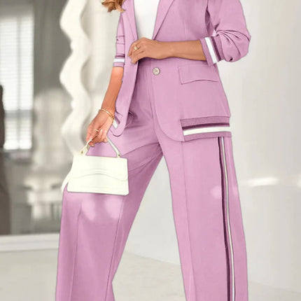 2 Pcs Set Women Suit Coat Pants Suit Lapel Long Sleeves Lady Jacket Wide Leg High Waist Trousers Female Commuting Office Outfit