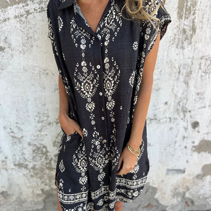 Loose Lapel Sleeveless Shirt Dress With Button Fashion Ethnic-style Printed Button Dresses For Beach
