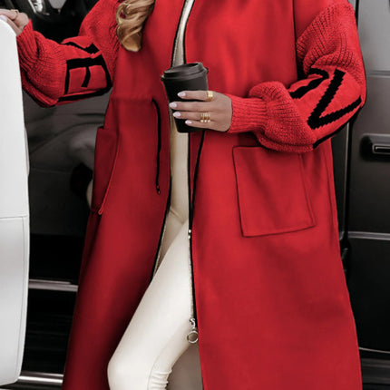 Hooded Windbreaker Long Jacket With Pockets And Drawstring Design Solid Color Knit-Sleeved Trench Coat For Women Clothing Fall Winter
