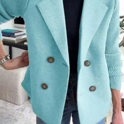 Double Breasted Lapel Jacket Fashion Knitted Sleeves Splicing Design Coat Outerwear Women's Clothing