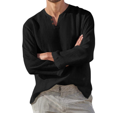 Cotton Linen Men's Long Sleeve V-neck Casual Beach Linen Shirt Fashion Leisure Men's Clothing Casual And Breathable Shirt