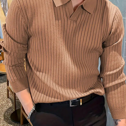 Lapel Texture Stretch Slim Knit Polo Shirt Men Polo Shirt Fashion Waffle Long-sleeved Tops Clothing Casual Comfortable Golf Men's Clothing
