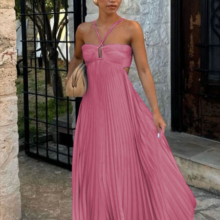 Ins Pleated Sleeveless Sling Dress Hollow High Waist Halter Robe Dresses For Evening Party Club Clothing Women